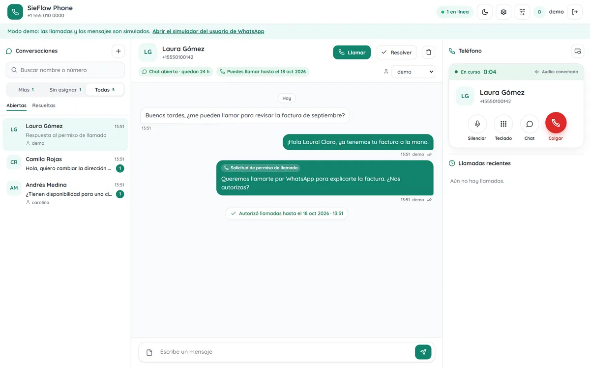 SieFlow Phone: lista de conversaciones a la izquierda, el chat con una solicitud de permiso de llamada aceptada en el centro y una llamada en curso en el teléfono de la derecha