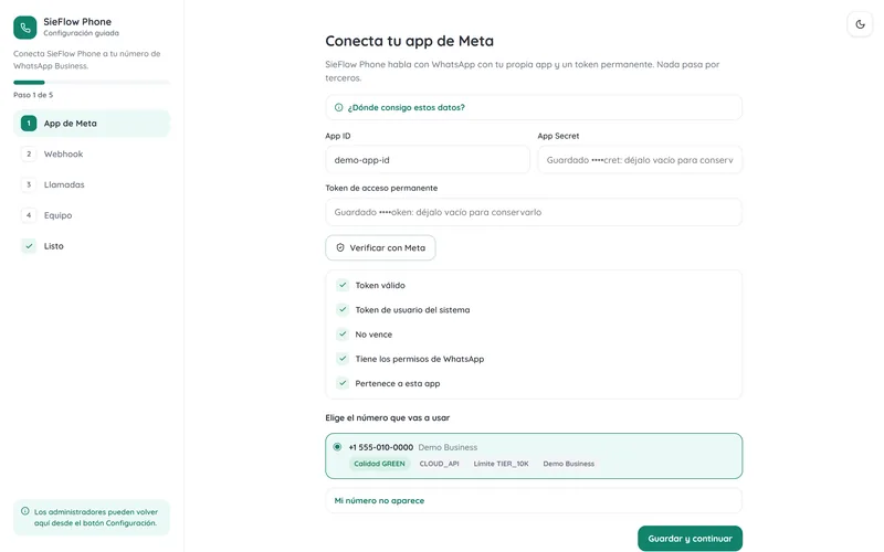 Configuración guiada de SieFlow Phone verificando la app de Meta y el token